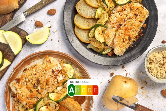 Lieu noir en croûte d'amandes, poêlée de courgettes et pommes de terre