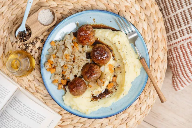 Boulettes de porc sauce cognac et poêlée de topinambours et de carottes