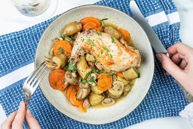 Cocotte de cuisse de canette aux champignons et grenailles