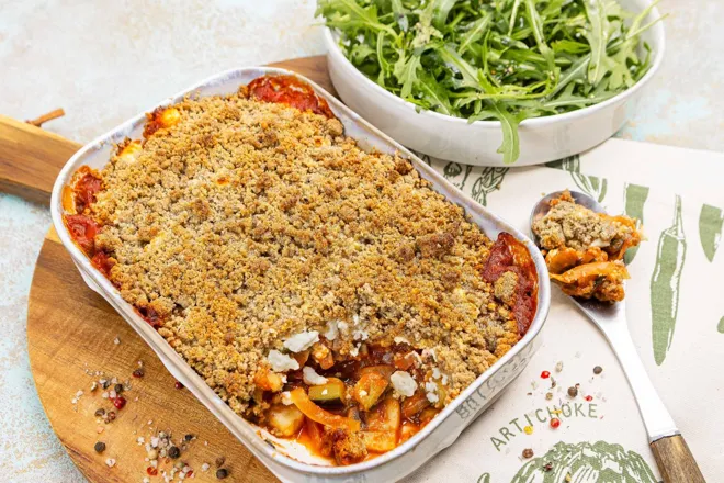 Crumble de sarrasin à la courgette, champignons et féta