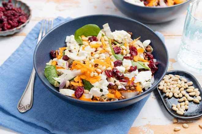 Salade de lentilles, féta, pignons de pin et cranberries