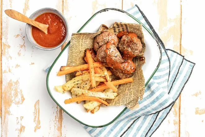 Boulettes de boeuf sauce BBQ curry et frites