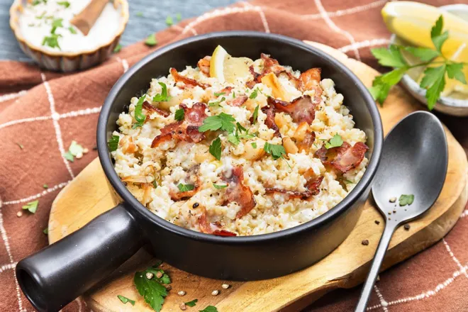 Boulgour façon risotto à la poitrine fumée, céleri-rave et mascarpone