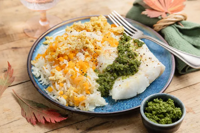 Poisson blanc (selon arrivage), riz frit au gingembre et satini coco (chutney mauricien)