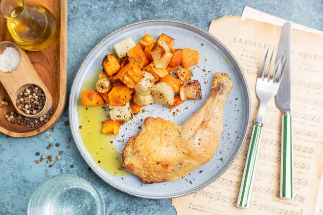 Poulet, potimarron et topinambours rôtis au poivre de Timut