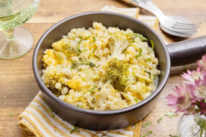 Mijoté d'orge perlé façon risotto, cheddar et brocoli