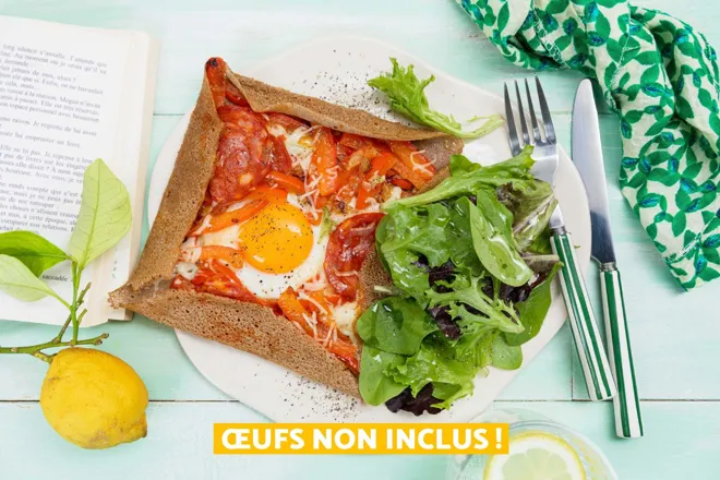 Galette de sarrasin au chorizo, poivron poêlé, emmental et oeuf
