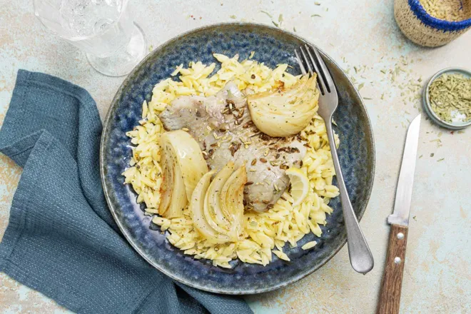 Poisson blanc (selon arrivage), fenouil braisé et orzotto à l'estragon