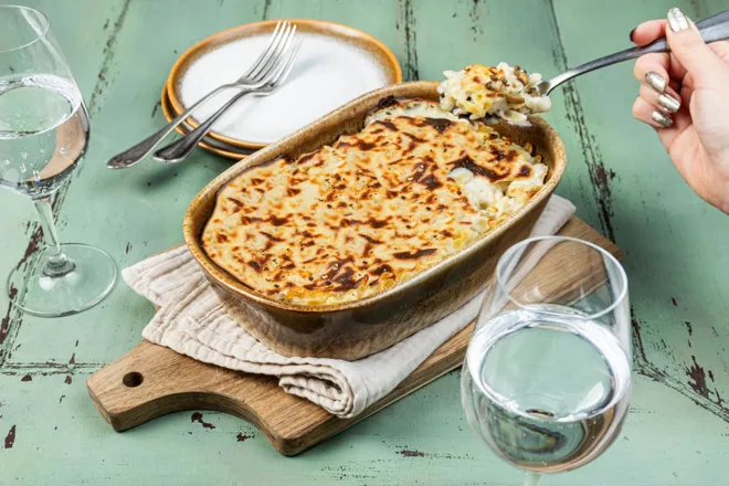 Gratin de farfalline aux champignons et trois fromages