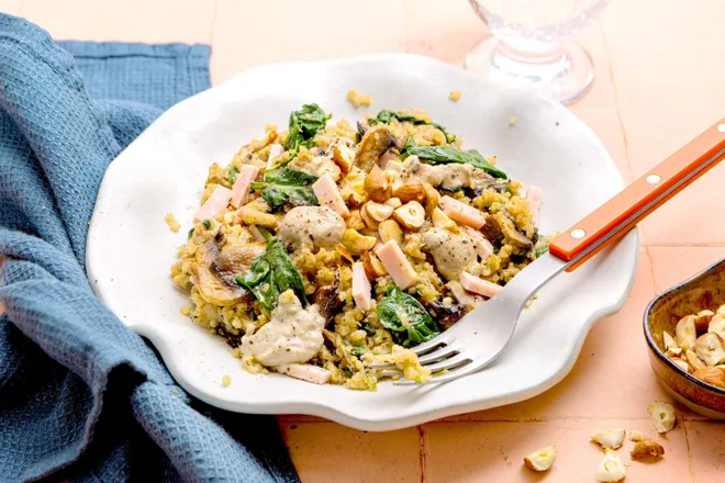 Rôti de porc et quinoasotto sauce champignons