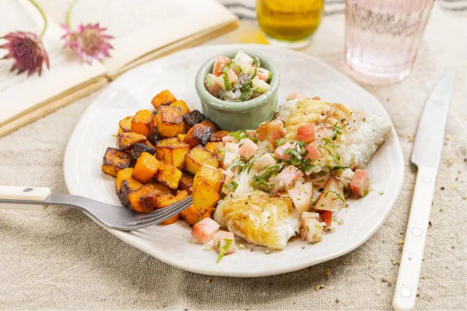 Poisson blanc (selon arrivage) et condiment au kaki et gingembre