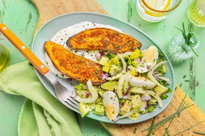 Patate douce rôtie, fenouil croquant et fromage blanc citronné