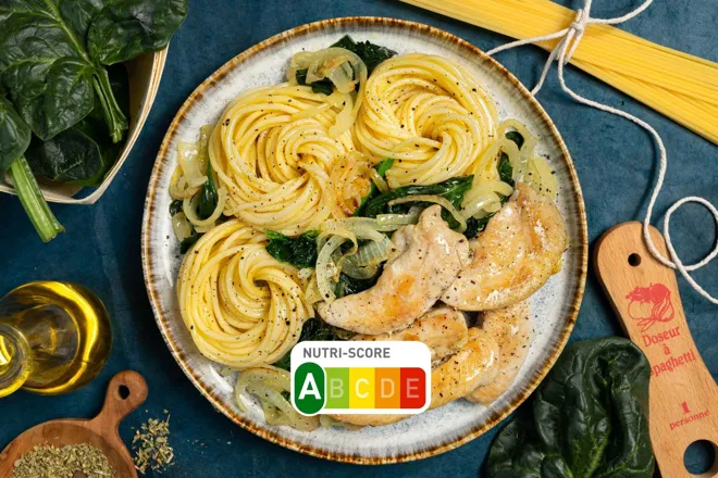 Aiguillettes de dinde marinées au citron et herbes de Provence, spaghetti aux épinards