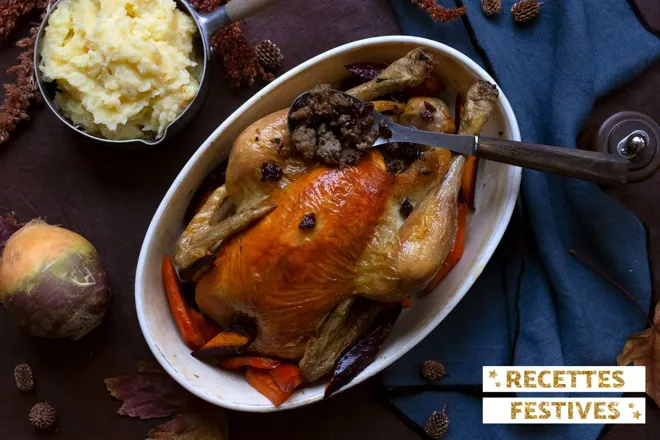 Poulet rôti à la farce de porc et cranberries