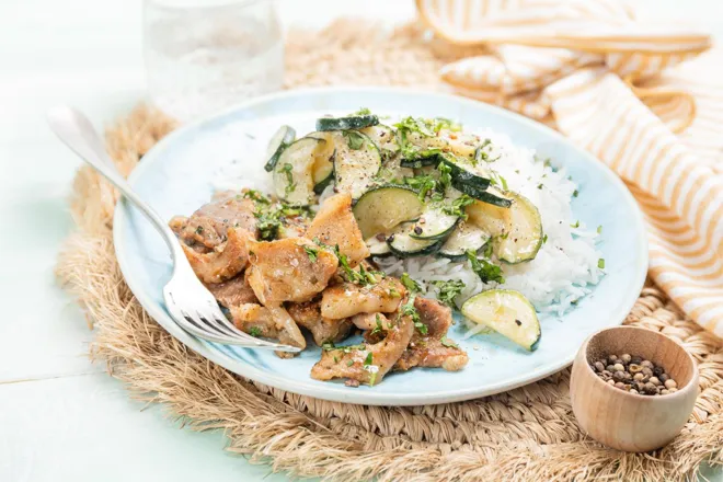 Emincés de porc au thym citron et courgette au lait de coco