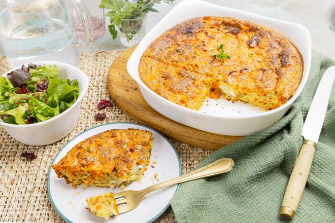Clafoutis au chèvre, carottes et oignons caramélisés