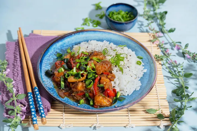 Poulet frit pimenté aux jalapenos, poivron rouge et riz