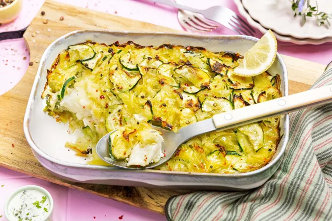 Gratin de poisson à la courgette et crème de cerfeuil
