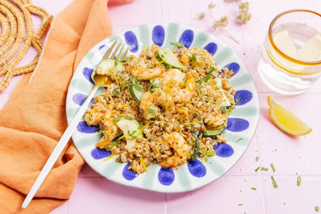 Crevettes citronnées et petit épeautre crémeux