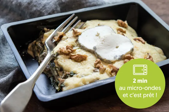 Lasagnes aux champignons et épinards, chèvre, noix - Plat préparé en barquette individuelle