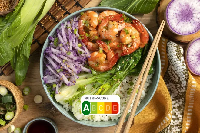 Bowl de crevettes et riz vinaigré au chou pak choy