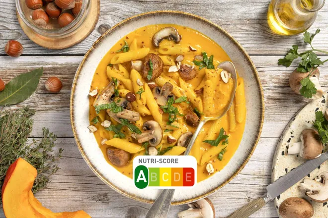 Penne en sauce aux champignons et potimarron