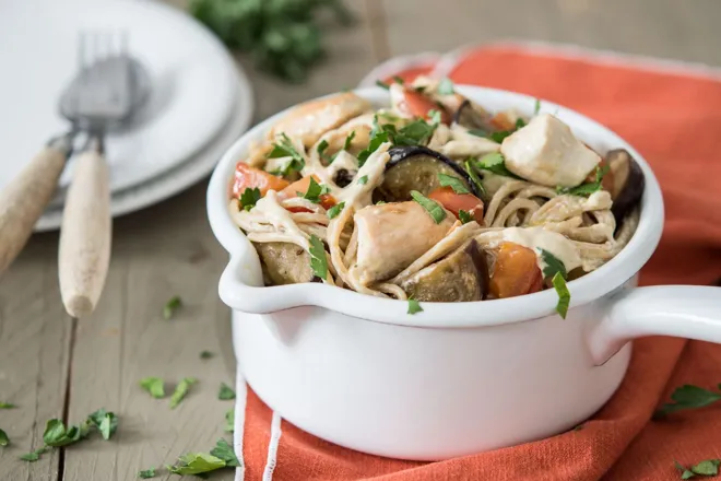 Spaghetti au poulet et à la moutarde