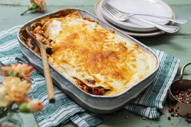 Lasagnes à la mexicaine, potimarron, haricots rouges et cheddar
