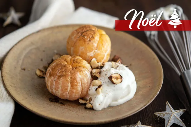 Clémentines rôties à la cannelle, mascarpone fouetté et noisettes