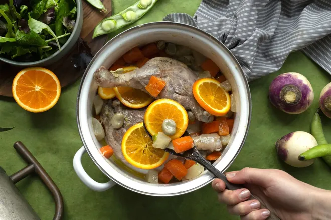 Cocotte de canette à l'orange et légumes nouveaux