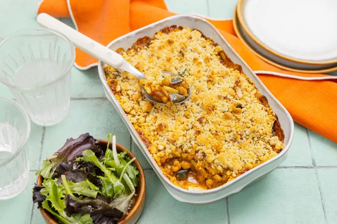 Crumble sarrasin d'aubergine et de lentilles au ras-el-hanout