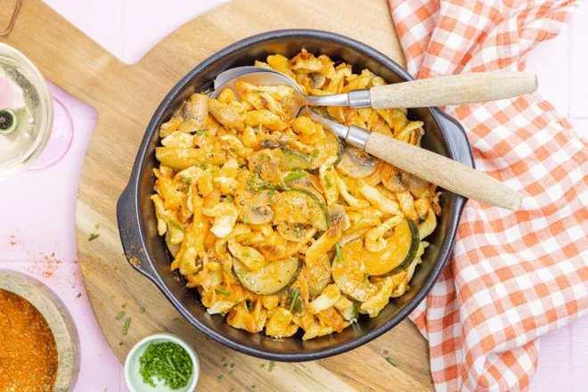 Spätzles courgette, champignons et crème au paprika fumé