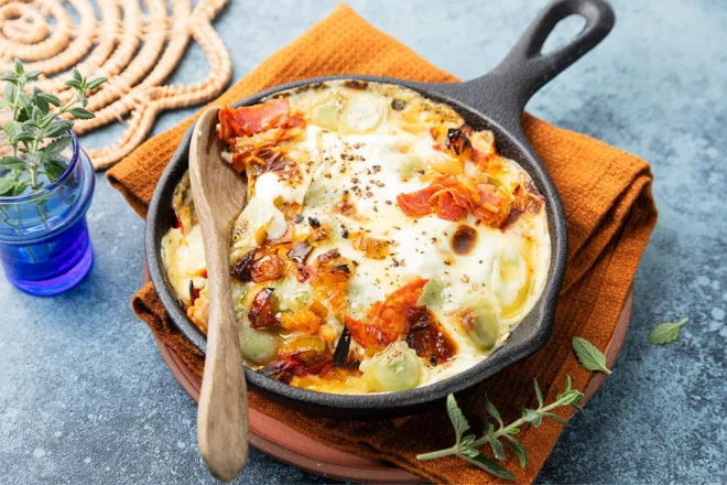 Gratin de raviole du Dauphiné au chorizo et poireau