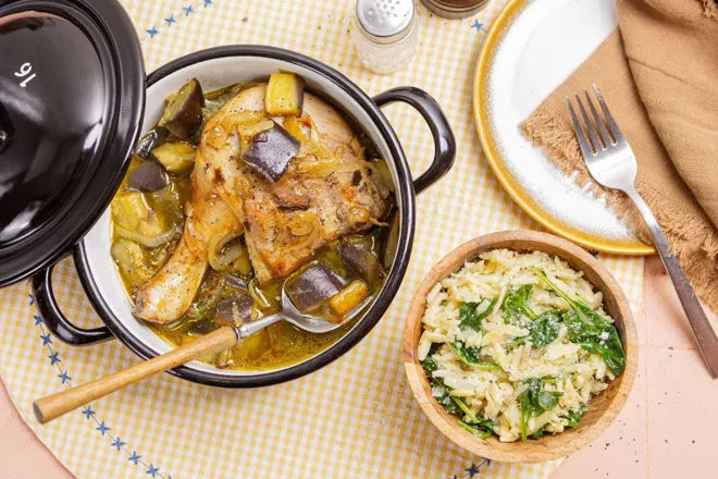 Cocotte de canard à l'aubergine & orzotto au parmesan