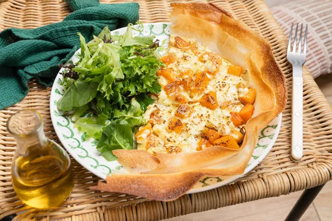 Tarte de brick à la féta, butternut et origan