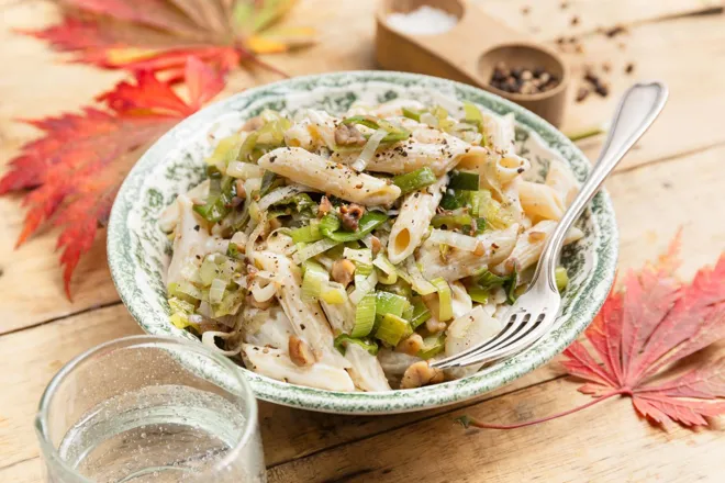 Pennes aux marrons, poireau et parmesan