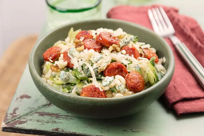 Coquillotto au chorizo doux, poireau, gorgonzola et noix