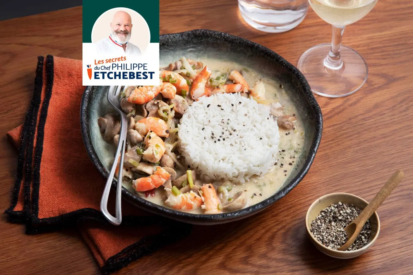 Cocotte de crevettes flambées au cognac et légumes façon blanquette