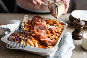 Roulé de porc au speck et penne à la tomme du Jura