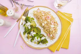 Brocoli acidulé, crème de féta au basilic et poitrine fumée