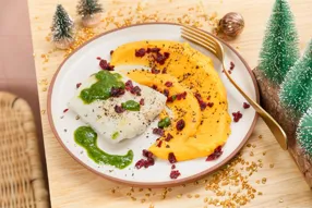 Poisson blanc (selon arrivage), huile au cerfeuil, purée de patate douce à l'orange et cranberries
