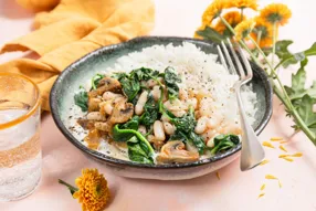 Mijoté de haricots blancs, champignons et épinards au lait de coco