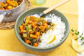 Mijoté pimenté d'aubergine et de poivron padron au curry