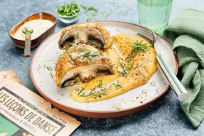 Portobello pané, sauce au poivre de Kampot et purée de carottes