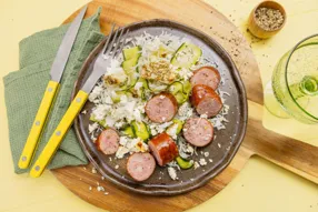 Saucisse au couteau & riz à la courgette et féta rôties au zaatar