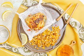 Poulet pimenté aux herbes & pilaf de petit épeautre à la carotte