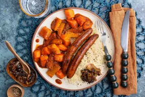 Couscous tfaya aux merguez végétales et courge
