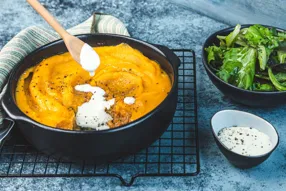 Parmentier d'effiloché de porc à la courge butternut et crème de parmesan