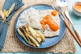 Poisson blanc (selon arrivage) à l'armoricaine (sauce tomate au Cognac) et fenouil rôti