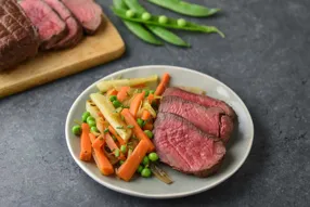 Rôti de boeuf à l'échalote et jardinière de légumes